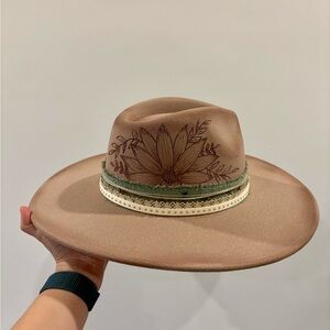 Handmade Tan Boho Hat with Green & Cream Band + Floral Engraving